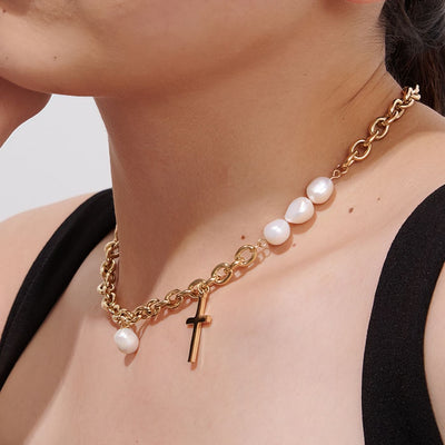 Cross and Pearl Pendant Necklace