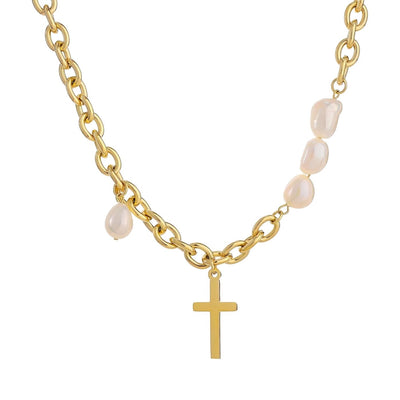 Cross and Pearl Pendant Necklace